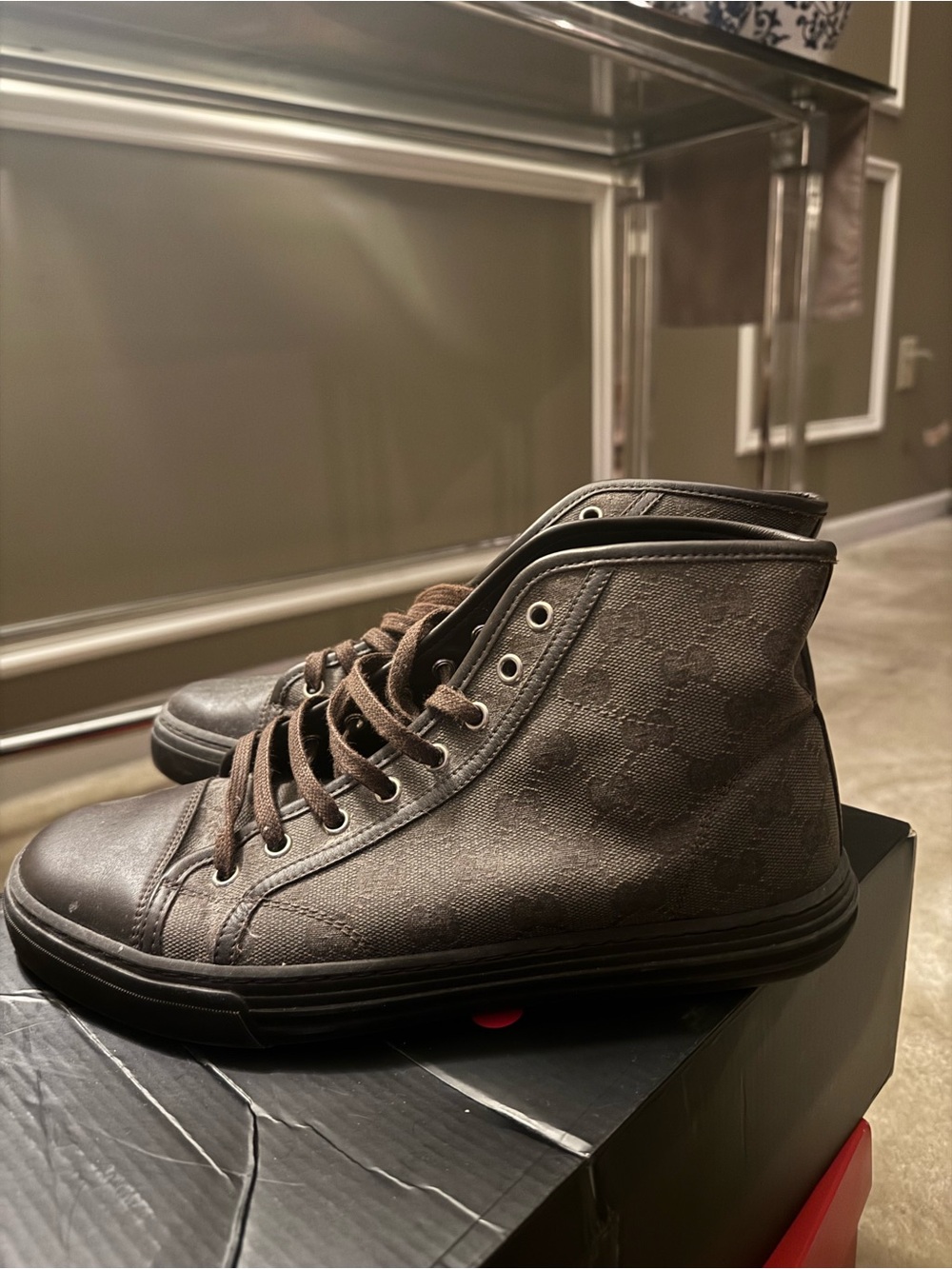 Gucci Men's High-Top Sneakers in Dark Brown Canvas